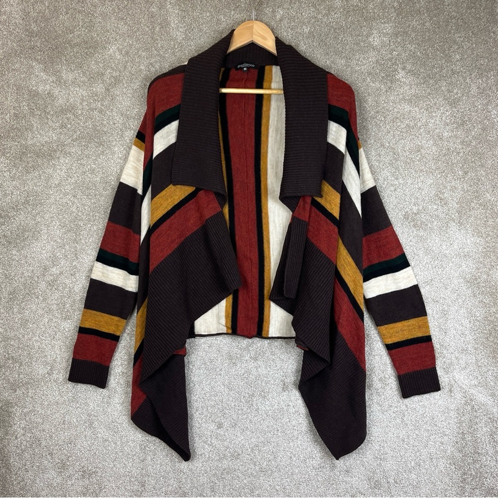 Stambecco Cardigan Womens Medium Red Brown Stripe Wool Blend Stretch Knit- 8929*